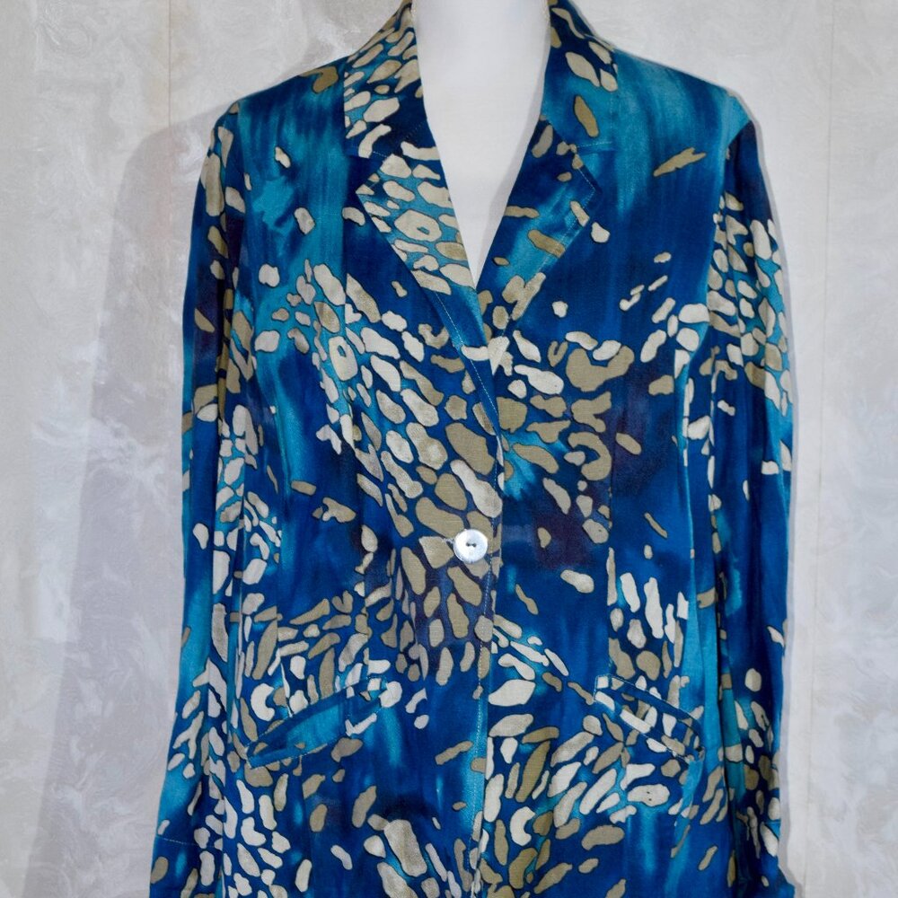 Coldwater Creek 1X Plus Size | Blue Tan Abstract Print Linen Blend Blazer Jacket